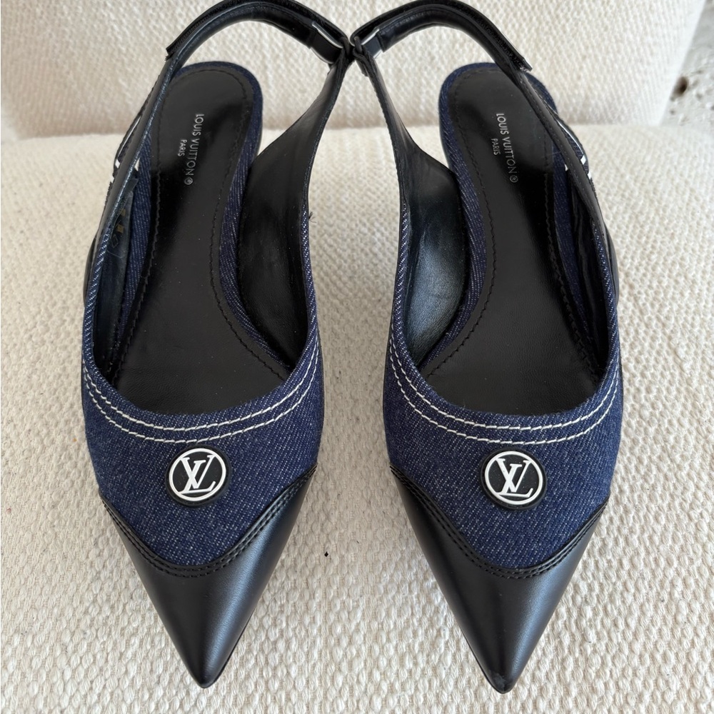 Louis Vuitton Women's Denim and Black Slingback Heels - like new